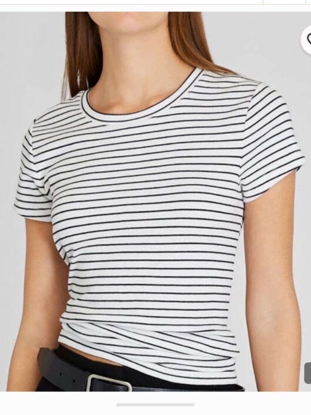 Club Monaco, striped, ribbed ,  crewneck, short sleeve tea, white, and black